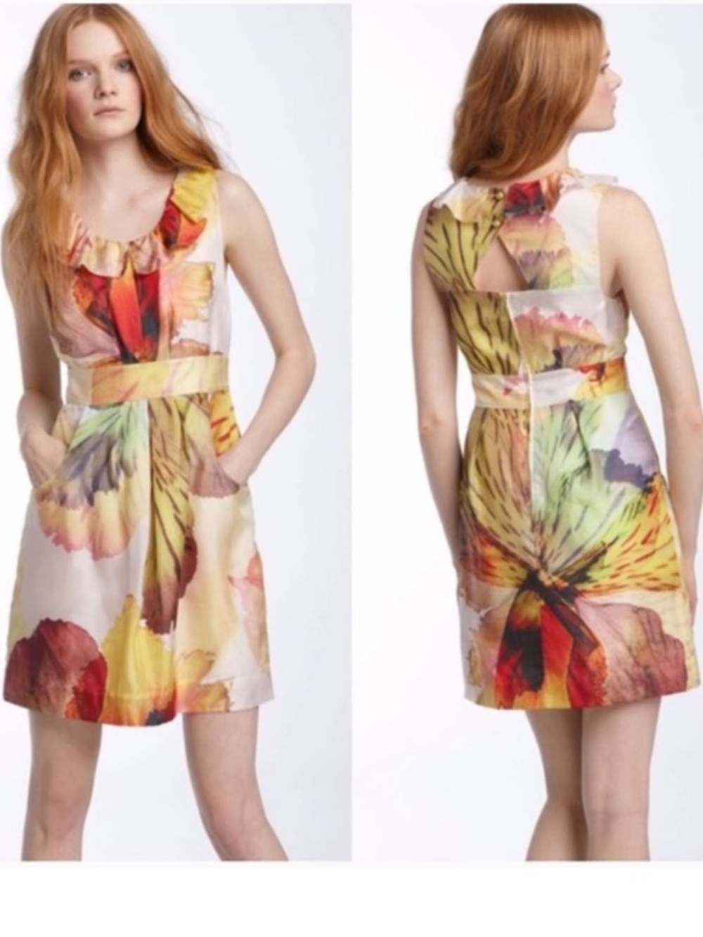 Anthropologie Leifsdottir 100% Silk Yellow Watercolor Floral Ruffle Mini Dress 8